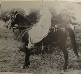 <b>Description: </b>Yemama Bay born in 1885  Kuhailah Ajuzah of Jallaby strain from Ibn Khalifah (Bahrein). Here photographed with Wilfrid Blunt up, by N. Lytton<br/><b>Copyright: </b>N. Lyttton, The Crabbet Arabian Stud, pag 128